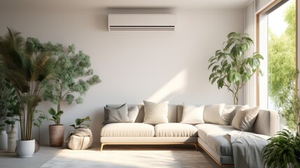 Modern air conditioner displays the temperature above a cozy sofa in a well-decorated living room