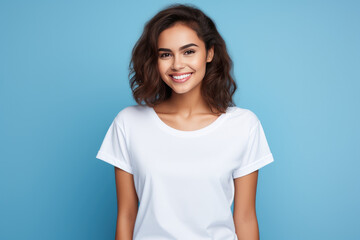 retrato mujer joven  sonriente vistiendo camiseta blanca de manga corta  sobre fondo  azul claro con espacio vacio  - obrazy, fototapety, plakaty