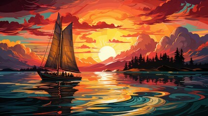 Illustration of a sailboat on a lake with bright sails fluttering in the wind. - obrazy, fototapety, plakaty