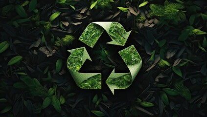recycling logo with a leaf print and a green background of leaves and grasses - obrazy, fototapety, plakaty