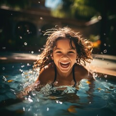 Happy child splashes and plays in a swimming pool, smile and laughter. Summer fun.