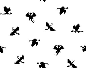 Pixel art black silhouettes of dragons black and white seamless pattern on white background. Vector for new year 2024 package, textile, mens clothing, packaging, wallpaper, apparel fabric, home decor.