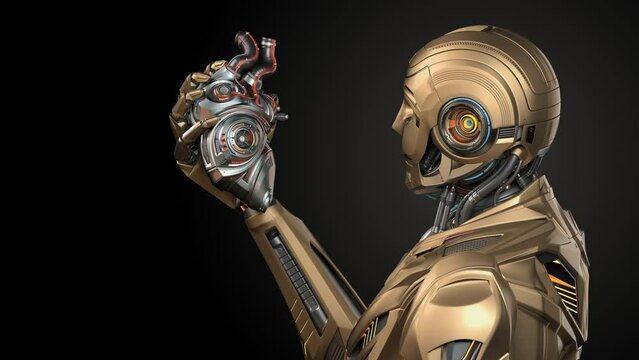 Robot man holds detailed artificial heart or cyber male shows mechanical organ with moving gear and pistons. 3d rendering animation isolated on dark background with alpha
