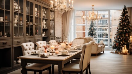 Dining in Yuletide Splendor. A Room Aglow with Christmas Charm. Generative AI