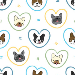 Seamless Pattern of Cartoon French Bulldog Face and Heart Design on White Background