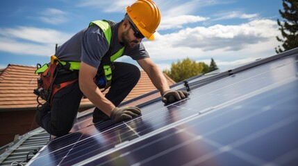 Man is installing solar panels on the roof - obrazy, fototapety, plakaty