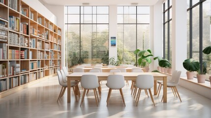 Bound in Beauty - Bookshelves, Tables With Chairs In Library. Generative AI