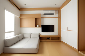 Minimalist Small Condo Interior Design Japanese white and wood design bedroom and sofa area