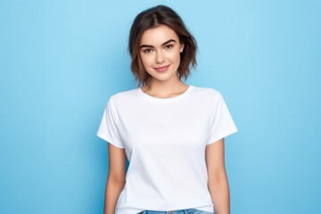retrato mujer joven  sonriente vistiendo camiseta blanca de manga corta  sobre fondo  azul claro con espacio vacio  - obrazy, fototapety, plakaty
