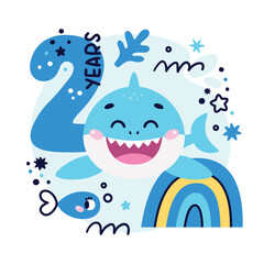 Baby Shark Birthday cute vector marine colorful illustration with number two, fish, wave, algae, star, bubble, rainbow for boy. Ideal for kids cards, prints, anniversary, invitation