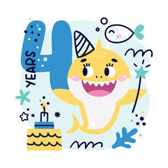 Baby Shark Birthday cute vector marine colorful illustration with number four, fish, wave, algae, star, bubble, cake for boy. Ideal for kids cards, prints, anniversary, invitation