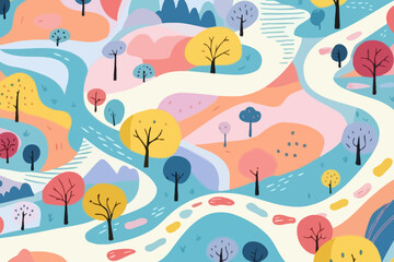 Fototapeta na wymiar Backcountry roads and pathways quirky doodle pattern, wallpaper, background, cartoon, vector, whimsical Illustration