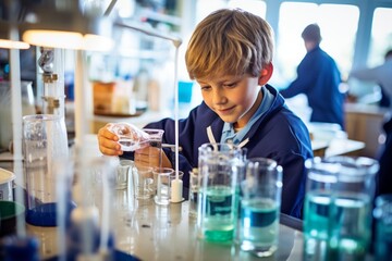 A schoolboy conducting a science experiment in a well-equipped laboratory, the practical learning experiences in education. - obrazy, fototapety, plakaty