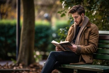 Obraz premium A young man, engrossed in reading a book while sitting on a park bench, portraying the tranquil pleasure of escaping into literature.