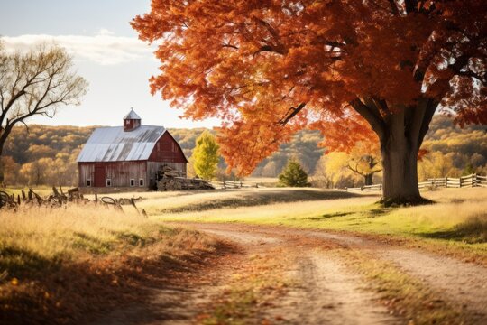 Beautiful landscape of a charming countryside scene, where a rustic barn is surrounded by trees in their fall splendor, autumn concert