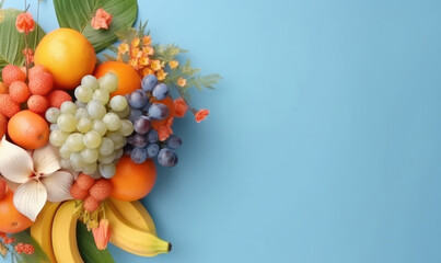 Vibrant bouquet of fresh fruits and delicate flowers against a tranquil.