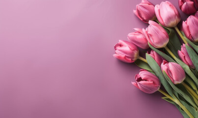 Fototapeta premium Graceful purple tulips on a delicate pink hue.