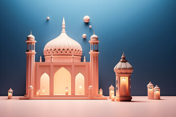 Islamic  pink decoration background for Ramadan with lantern and mosque, 3d style, generate AI.