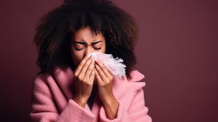 Woman with allergies is blowing her nose - obrazy, fototapety, plakaty
