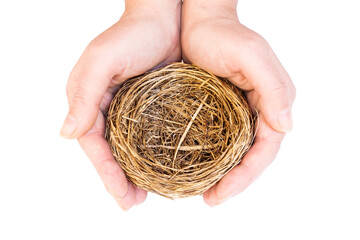 Woman's hands protecting an empty bird's nest, directly above shot. Isolated on transparent...