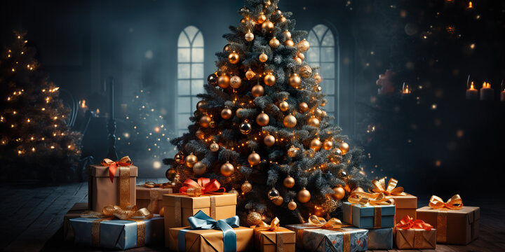 Generative AI image of Christmas tree with bright lights and presents.