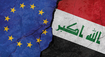 European Union and Iraq flags, concrete wall texture with cracks, grunge background, military conflict concept