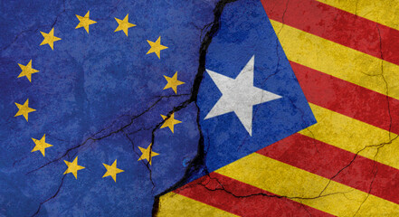 European Union and Catalonia flags, concrete wall texture with cracks, grunge background, military conflict concept