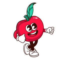 Groovy apple character vector illustration. Cartoon isolated cute retro food sticker, summer fruit with funky expression on happy face and laugh, funny red apple emoji with arms and legs, green leaf
