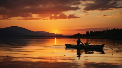 Fototapeta na wymiar A Fisherman's Silhouette Merging with Sunset Hues. Generative AI
