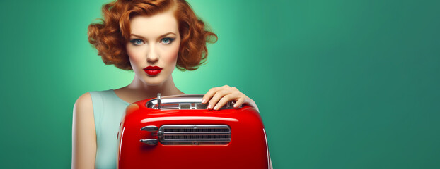 Portrait of red hair women with red toaster in 60s style on green background. Banner.