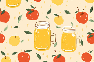 Apple juice in a glass or jug quirky doodle pattern, wallpaper, background, cartoon, vector, whimsical Illustration