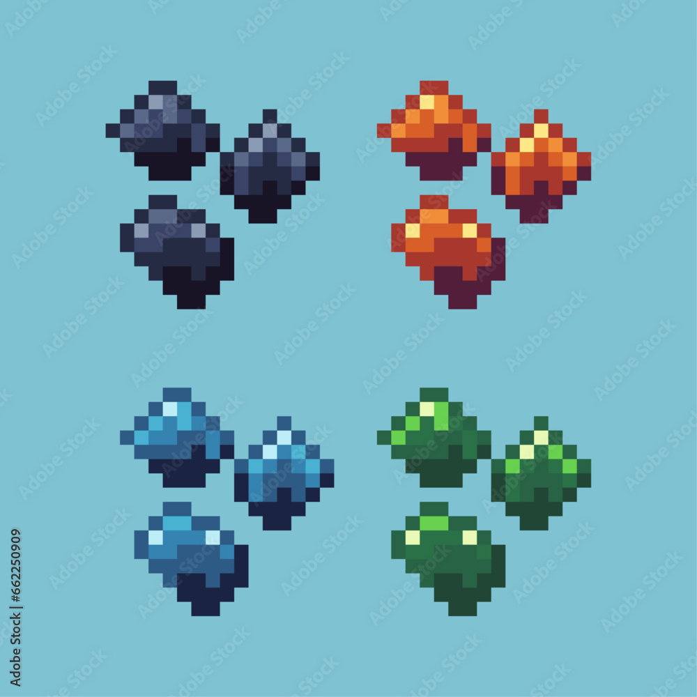 Poster pixel art sets of coal fuel with variation color item asset. simple bits of charcoal on pixelated st