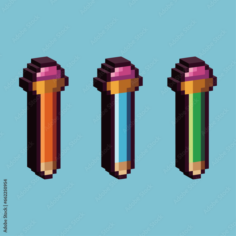 Poster isometric pixel art 3d of pencil for items asset. pencil on pixelated style.8bits perfect for game a