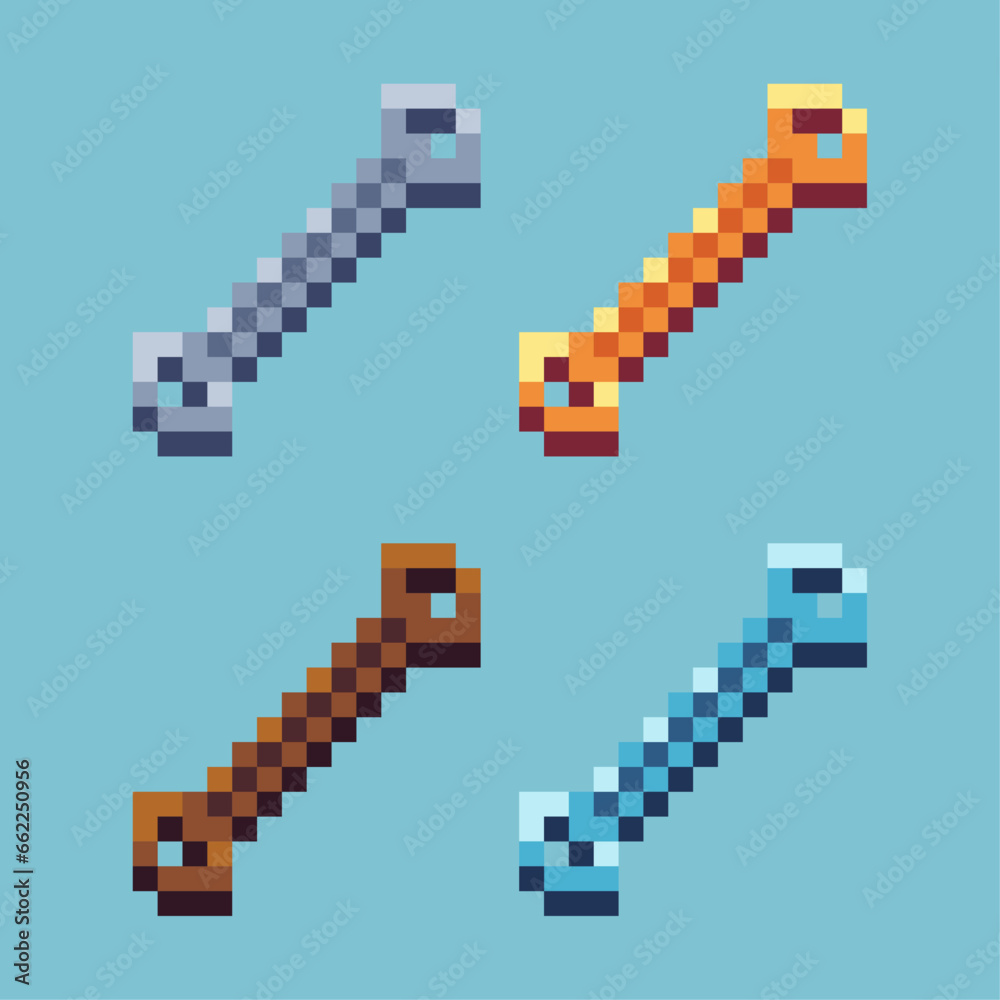 Poster pixel art sets of wrench with variation color item asset. simple bits of wrench on pixelated style. 