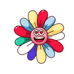 Groovy daisy character vector illustration. Cartoon isolated flower in love with hearts in eyes, retro daisy emoji with funny face and smile, varicolored petals in rainbow colors for Valentines Day