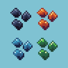 Pixel art sets of coal fuel with variation color item asset. Simple bits of charcoal on pixelated style. 8bits perfect for game asset or design asset element for your game design asset.