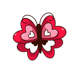 Groovy butterfly character vector illustration. Cartoon isolated retro funky love sticker with cute insect, butterfly with red and white hearts on wings for romantic message on Valentines Day
