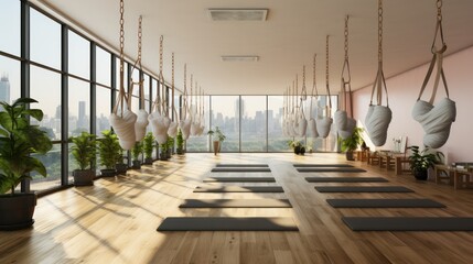 Yoga Class With Hammocks, Yoga Mats And Potted Plant. Cityscape From The Window. Generative AI - obrazy, fototapety, plakaty