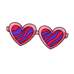 Groovy sunglasses vector illustration. Cartoon isolated retro pink glasses sticker with wave psychedelic pattern inside frames of heart shape, trippy funky fashion sunglasses of 70s, love hippie vibes