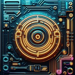 Grunge futuristic background with neon cyberpunk design elements. Dirty futuristic wallpaper. Future design concept.