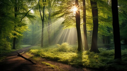 Fototapeta premium Thin sunrays shining in the middle of a deciduous forest in springtime created with Generative AI