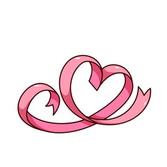 Groovy ribbon vector illustration. Cartoon isolated love gift sticker with pink glossy tape with waves in shape of heart, cute romantic ribbon decoration for invitation card on Valentines Day