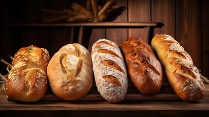  a row of breads sitting on top of a wooden table.  generative ai