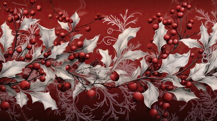  a painting of holly and white leaves on a red background.  generative ai