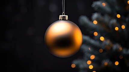  a christmas ornament hanging from a tree with lights in the background.  generative ai