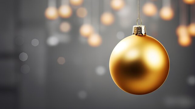  a gold christmas ornament hanging from a string with lights in the background.  generative ai
