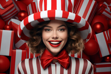 Attractive lady in a red and white suit next to gift christmas boxes. creative christmas mockup