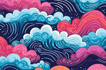 Fototapeta na wymiar Roaring waves in a storm quirky doodle pattern, wallpaper, background, cartoon, vector, whimsical Illustration