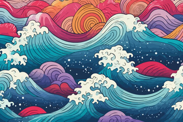 Fototapeta na wymiar Roaring waves in a storm quirky doodle pattern, wallpaper, background, cartoon, vector, whimsical Illustration