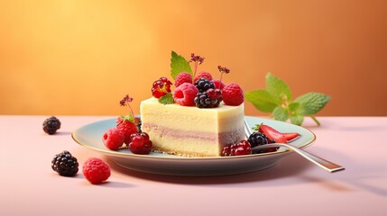  a piece of cake with berries on a plate with a fork.  generative ai
